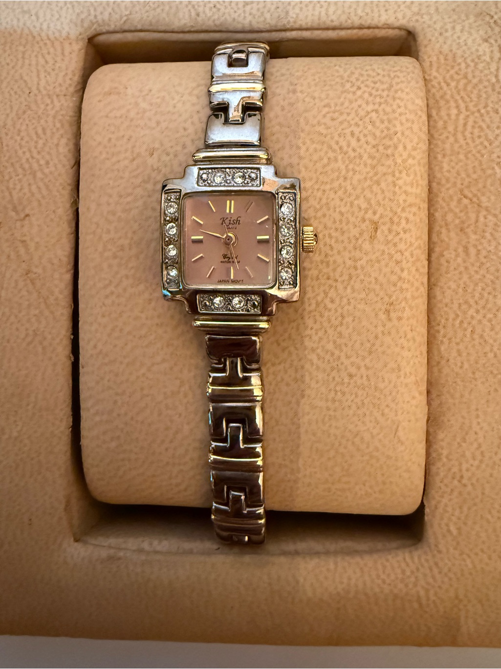 Kish Womens SilverTone Bracelet Watch With Pink Dial And Crystal Accents Vtg